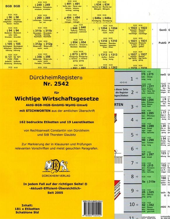Produktbild: D&uuml;rckheimRegister&reg; WICHTIGE WIRTSCHAFTSGESETZE (BGB, HGB, GmbHG, AktG, UmwG) MIT Stichworten