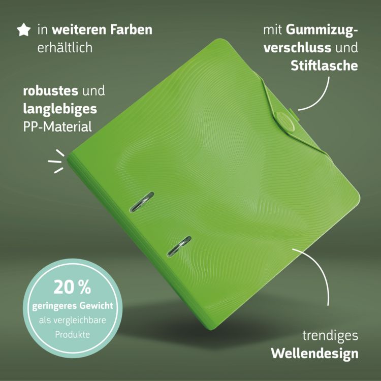 Produktbild: Brunnen Ordner &bdquo;WAVE&ldquo; Colour Code &brvbar; A4, 70 mm, Hebelmechanik mit gummiertem Griff, kiwi