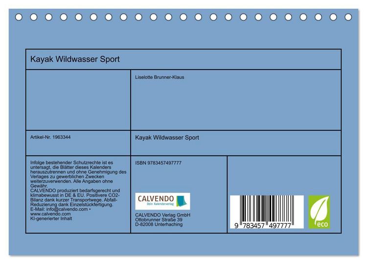 Produktbild: Kayak Wildwasser Sport (Tischkalender 2026 DIN A5 quer), CALVENDO Monatskalender