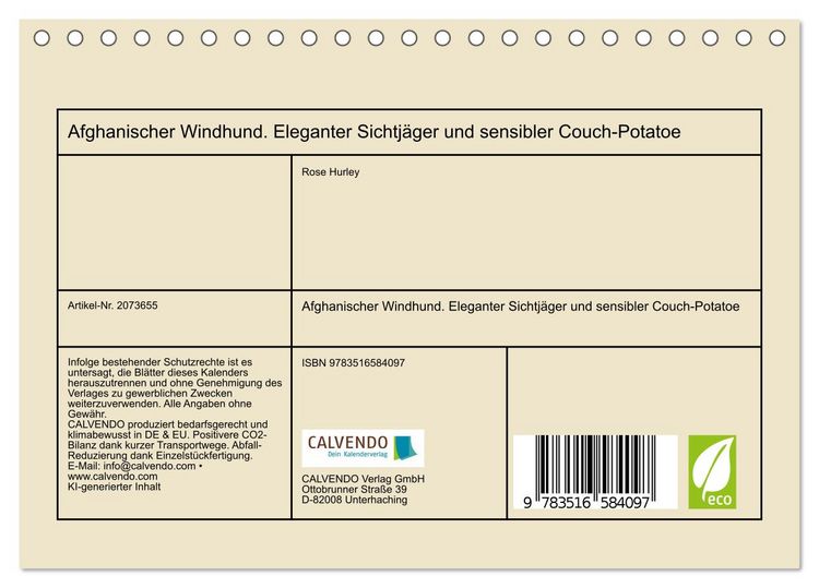 Produktbild: Afghanischer Windhund. Eleganter Sichtj&auml;ger und sensibler Couch-Potatoe (Tischkalender 2026 DIN A5 quer), CALVENDO Monatskalender