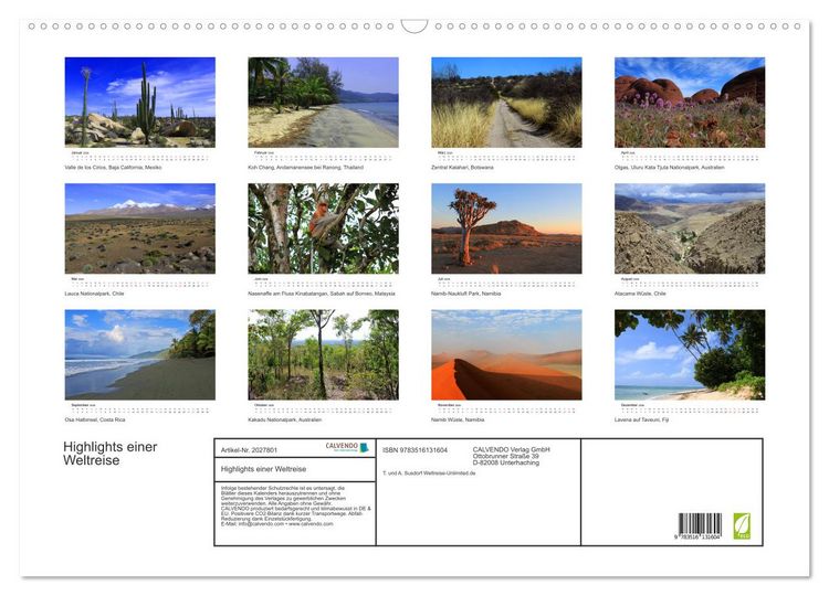 Produktbild: Highlights einer Weltreise (Wandkalender 2026 DIN A2 quer), CALVENDO Monatskalender