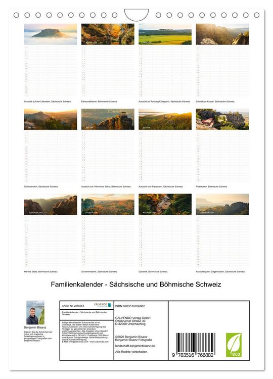 Produktbild: Familienkalender - S&auml;chsische und B&ouml;hmische Schweiz (Wandkalender 2027 DIN A4 hoch), CALVENDO Monatskalender