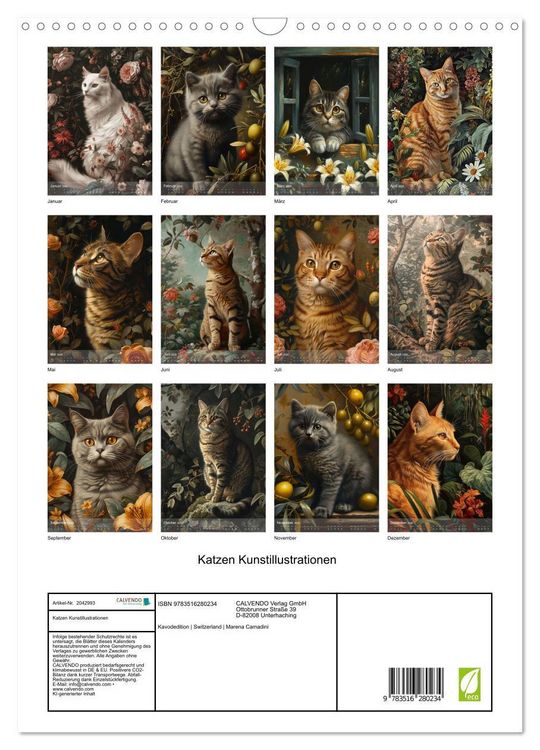 Produktbild: Katzen Kunstillustrationen (Wandkalender 2026 DIN A3 hoch), CALVENDO Monatskalender