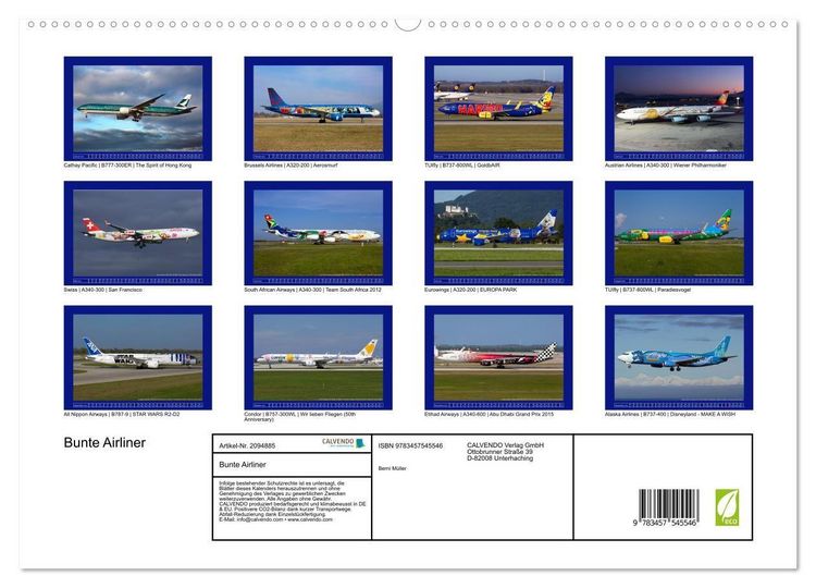 Produktbild: Bunte Airliner (hochwertiger Premium Wandkalender 2026 DIN A2 quer), Kunstdruck in Hochglanz