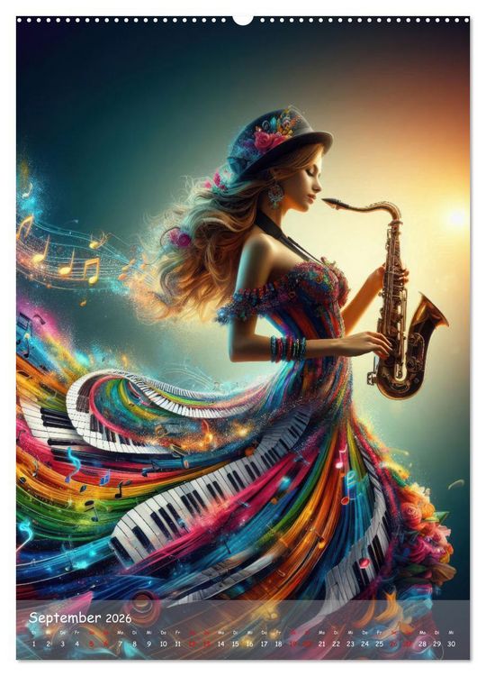 Produktbild: Musikalische Magie &ndash; Frauen in klangvollen Kleidern aus Noten und Farbe (hochwertiger Premium Wandkalender 2026 DIN A2 hoch), Kunstdruck in Hochglanz