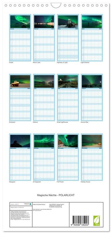 Produktbild: Familienplaner 2027 - Magische N&auml;chte - POLARLICHT mit 5 Spalten (Wandkalender, 21 x 45 cm) CALVENDO