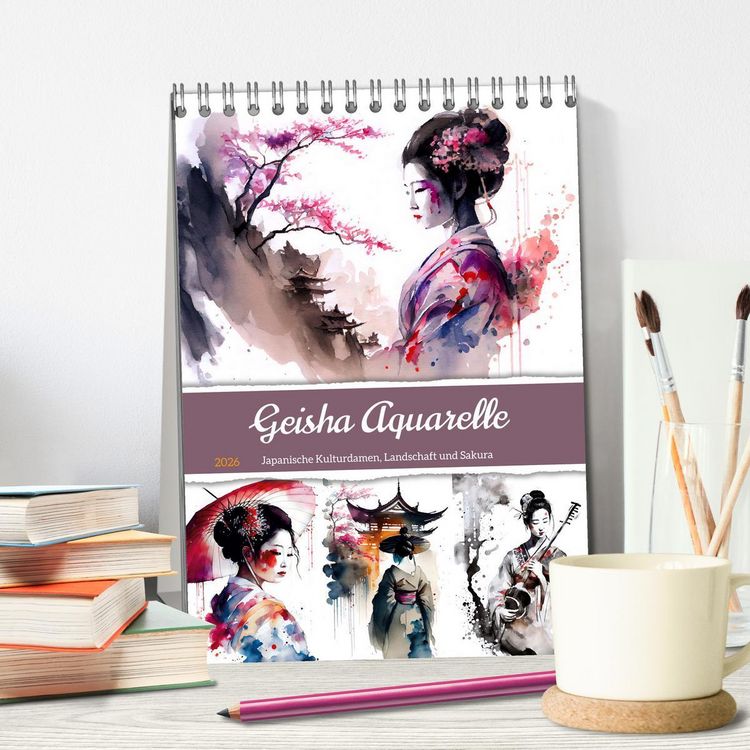 Produktbild: Geisha Aquarelle - Japanische Kulturdamen, Landschaft und Sakura (Tischkalender 2026 DIN A5 hoch), CALVENDO Monatskalender