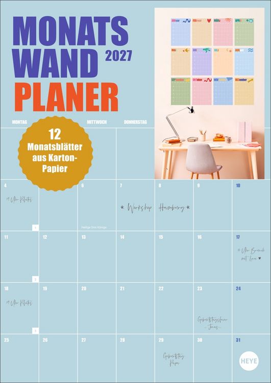 Produktbild: Monats-Wandplaner bunt 2027 - 12 einzelne Bl&auml;tter zur individuellen Nutzung