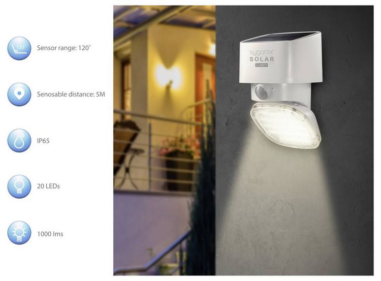 Produktbild: Sygonix SY-4673534 Solar-Au&szlig;enwandleuchte mit Bewegungsmelder LED LED fest eingebaut 20 W Wei&szlig;