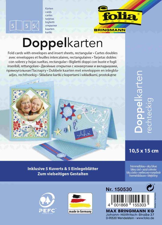 Produktbild: Folia Klappkarten/Doppelkarten f&uuml;r Einladungen, Gl&uuml;ckwunsch- oder Gru&szlig;karten, 10,5x15cm, himmelblau, 5 Karten + Kuverts + Einlagen
