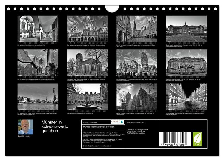 Produktbild: M&uuml;nster in schwarz-wei&szlig; gesehen (Wandkalender 2026 DIN A4 quer), CALVENDO Monatskalender
