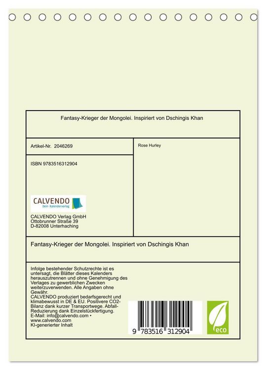 Produktbild: Fantasy-Krieger der Mongolei. Inspiriert von Dschingis Khan (Tischkalender 2026 DIN A5 hoch), CALVENDO Monatskalender