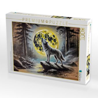 Produktbild: CALVENDO Puzzle Wolf heult zum Mond Kohlezeichnungen in sanften Pastellt&ouml;nen | 1000 Teile Lege-Gr&ouml;&szlig;e 64x48cm Foto-Puzzle f&uuml;r gl&uuml;ckliche Stunden