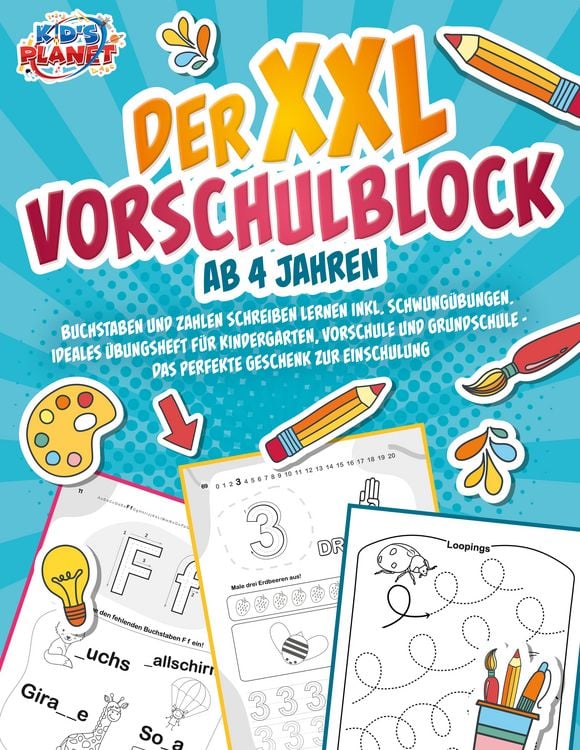 Produktbild: Der XXL-Vorschulblock ab 4 Jahren: Buchstaben und Zahlen schreiben lernen inkl. Schwung&uuml;bungen. Ideales &Uuml;bungsheft f&uuml;r Kindergarten, Vorschule und Grundschule - Das perfekte Geschenk zur Einschulung