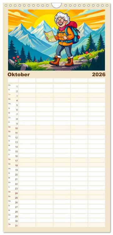 Produktbild: Familienplaner 2026 - Oma rockt den Ruhestand - Lustiger Frauenkalender mit Humor mit 5 Spalten (Wandkalender, 21 x 45 cm) CALVENDO