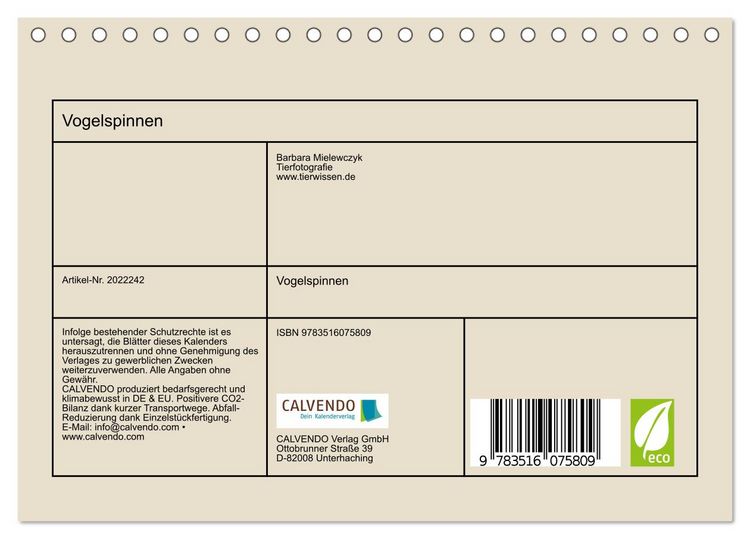 Produktbild: Vogelspinnen (Tischkalender 2026 DIN A5 quer), CALVENDO Monatskalender