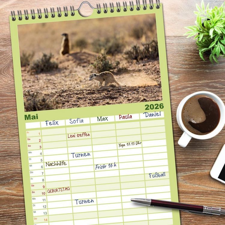 Produktbild: Familienplaner 2026 - Afrikas Tierwelt - Erdm&auml;nnchen mit 5 Spalten (Wandkalender, 21 x 45 cm) CALVENDO