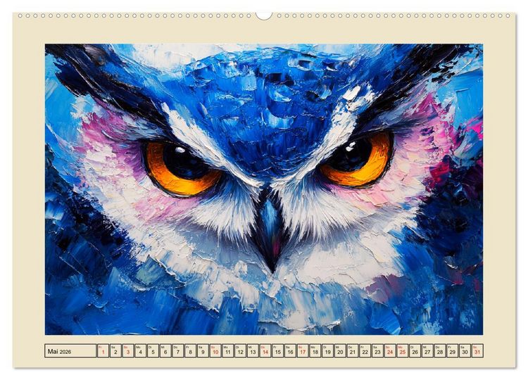 Produktbild: Bunte Eulenpoesie. Kunstvolle V&ouml;gel in &Ouml;lgem&auml;lde-Optik (hochwertiger Premium Wandkalender 2026 DIN A2 quer), Kunstdruck in Hochglanz