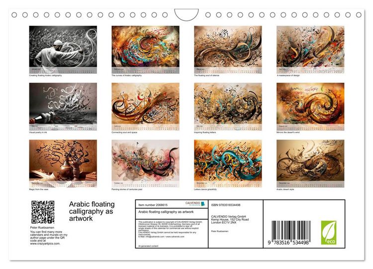 Produktbild: Arabic floating calligraphy as artwork (Wall Calendar 2026 DIN A4 landscape), CALVENDO 12 Month Wall Calendar