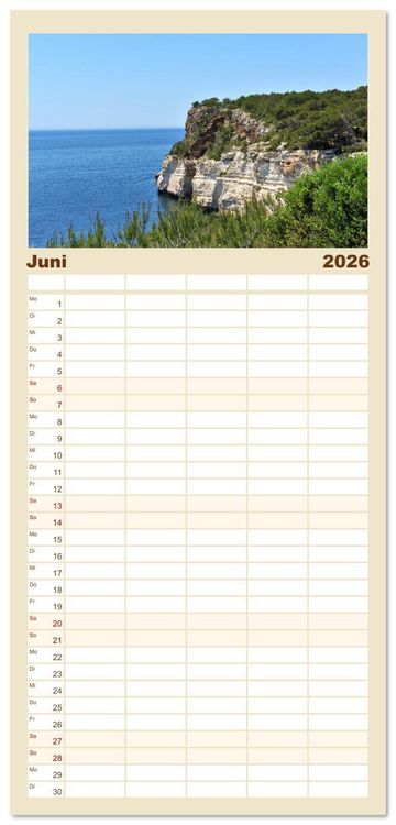 Produktbild: Familienplaner 2026 - Menorca, die sch&ouml;ne Schwester mit 5 Spalten (Wandkalender, 21 x 45 cm) CALVENDO