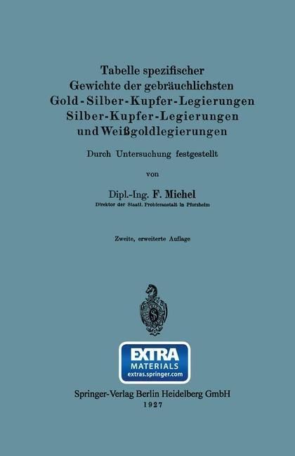 Produktbild: Tabelle spezifischer Gewichte der gebr&auml;uchlichsten Gold-Silber-Kupfer-Legierungen Silber-Kupfer-Legierungen und Wei&szlig;goldlegierungen
