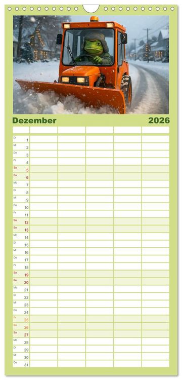 Produktbild: Familienplaner 2026 - Frosch bei der Arbeit- Dienst nach Vorschrift mit 5 Spalten (Wandkalender, 21 x 45 cm) CALVENDO