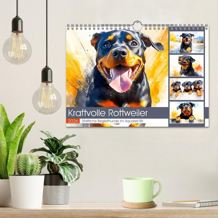 Produktbild: Kraftvolle Rottweiler. Stattliche Begleithunde im Aquarell-Stil (Wandkalender 2026 DIN A4 quer), CALVENDO Monatskalender