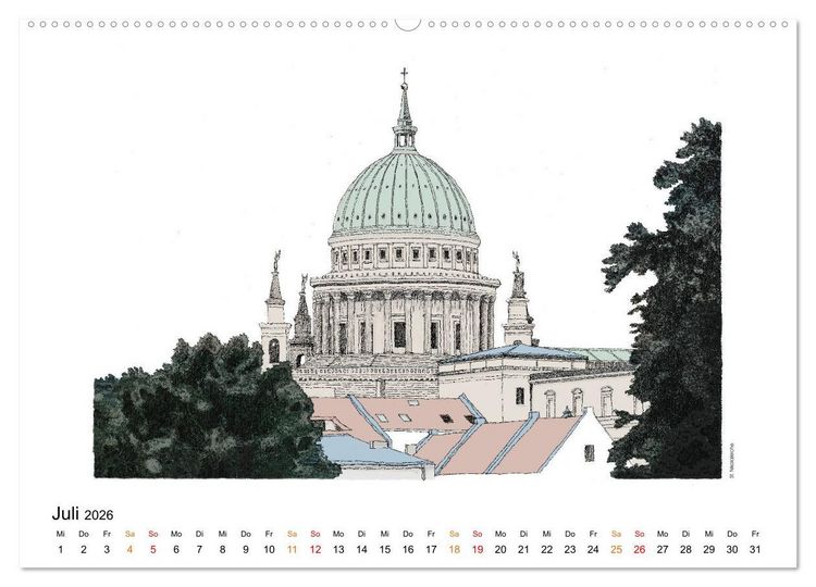 Produktbild: Potsdamer Sehensw&uuml;rdigkeiten in Ink und Farbe (hochwertiger Premium Wandkalender 2026 DIN A2 quer), Kunstdruck in Hochglanz