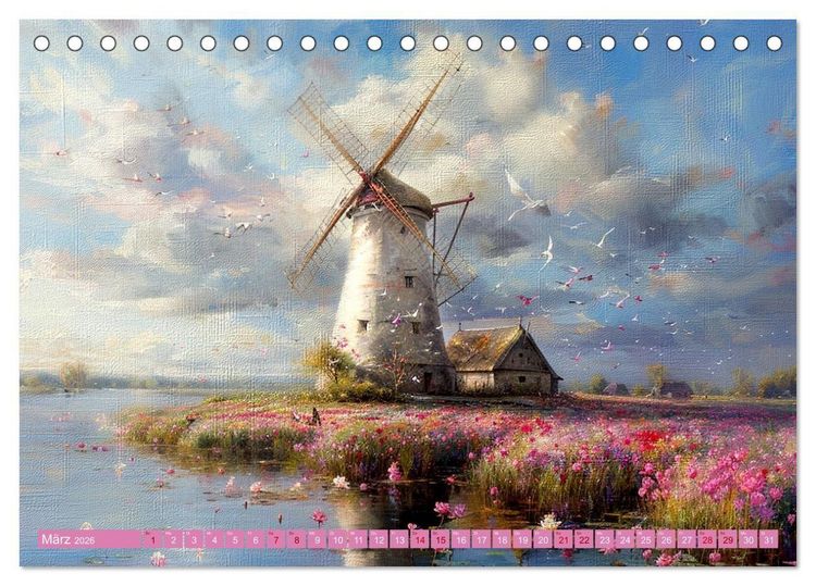 Produktbild: Windgefl&uuml;ster-M&uuml;hlenimpressionen (Tischkalender 2026 DIN A5 quer), CALVENDO Monatskalender