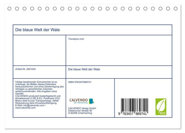 Produktbild: Die blaue Welt der Wale (Tischkalender 2026 DIN A5 quer), CALVENDO Monatskalender