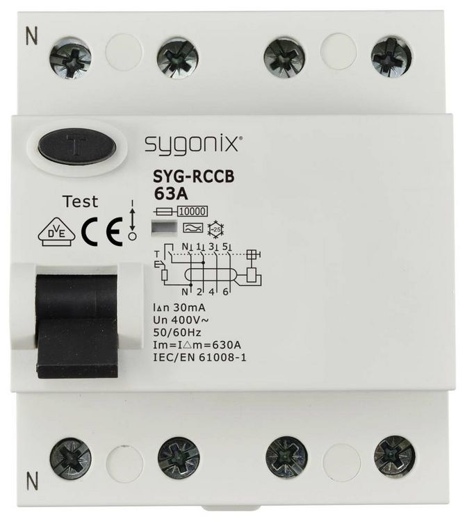 Produktbild: Sygonix SY-6438020 SYG-RCCB 3P+N/A63/10kA/30mA Fehlerstrom-Schutzschalter A 4polig 63 A 0.03 A 400 V/AC