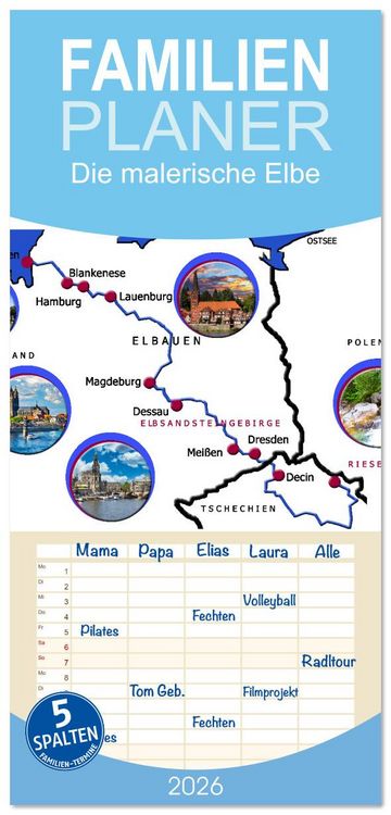 Produktbild: Familienplaner 2026 - Die malerische Elbe mit 5 Spalten (Wandkalender, 21 x 45 cm) CALVENDO