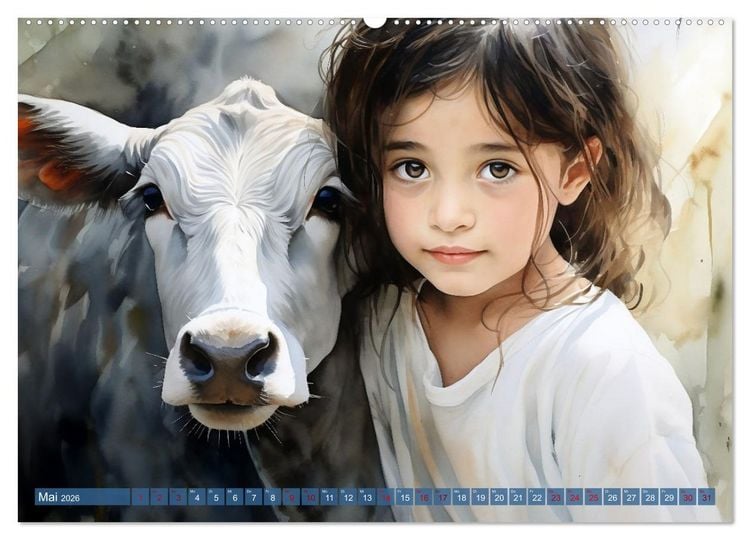 Produktbild: Kinder und Tiere (hochwertiger Premium Wandkalender 2026 DIN A2 quer), Kunstdruck in Hochglanz
