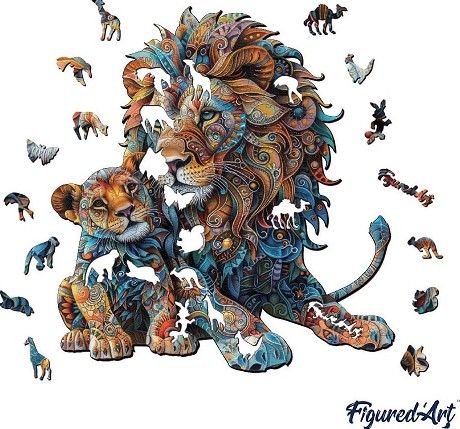 Produktbild: FiguredArt HNWP805 - Holzpuzzle Erwachsene - L&ouml;we und Junges, 200 Teile, 26,9x28,8 cm