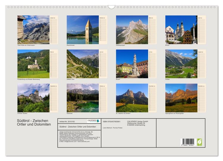 Produktbild: S&uuml;dtirol - Zwischen Ortler und Dolomiten (Wandkalender 2026 DIN A2 quer), CALVENDO Monatskalender