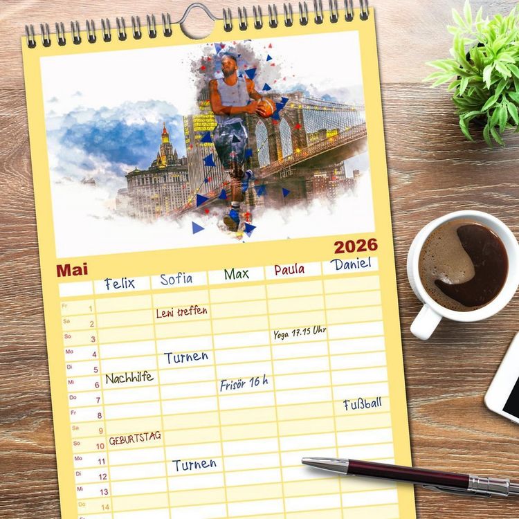 Produktbild: Familienplaner 2026 - Basketball Art mit 5 Spalten (Wandkalender, 21 x 45 cm) CALVENDO