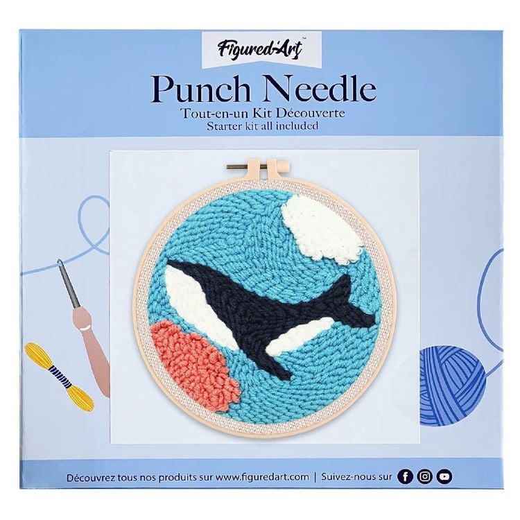 Produktbild: Punch Needle Figured'Art 20x20 cm Orca im Meer, DIY Stickerei mit Nadel und Wolle