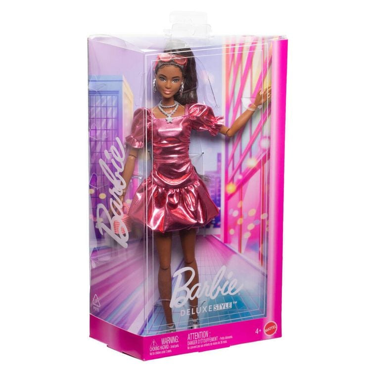 Produktbild: Barbie Deluxe Style-Modepuppe #6 in korallfarbenem Metallic-Kleid mit ballonförmigem Saum und silbernen Accessoires