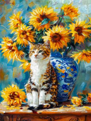 Produktbild: CALVENDO Puzzle Katze im Stillleben mit Sonnenblumen in Blumenvase im impressionistischen Stil | 1000 Teile Lege-Gr&ouml;&szlig;e 64x48cm Foto-Puzzle f&uuml;r gl&uuml;ckliche Stunden