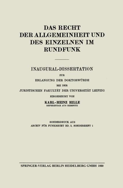Produktbild: Das Recht der Allgemeinheit und des Einzelnen im Rundfunk