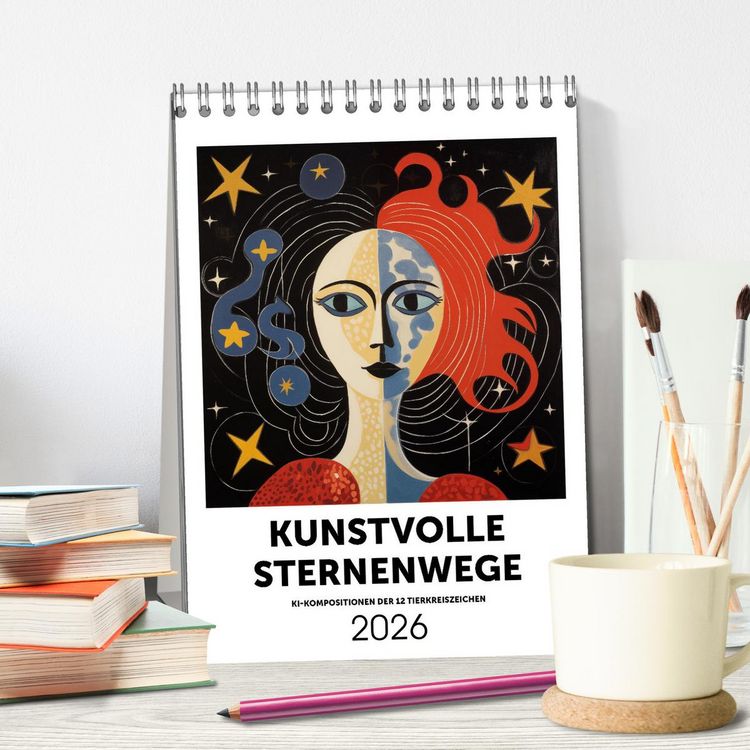 Produktbild: Kunstvolle Sternenwege: KI-Kompositionen der 12 Tierkreiszeichen (Tischkalender 2026 DIN A5 hoch), CALVENDO Monatskalender
