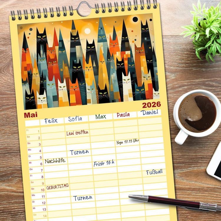 Produktbild: Familienplaner 2026 - Schnurrendes Katzenget&uuml;mmel mit 5 Spalten (Wandkalender, 21 x 45 cm) CALVENDO