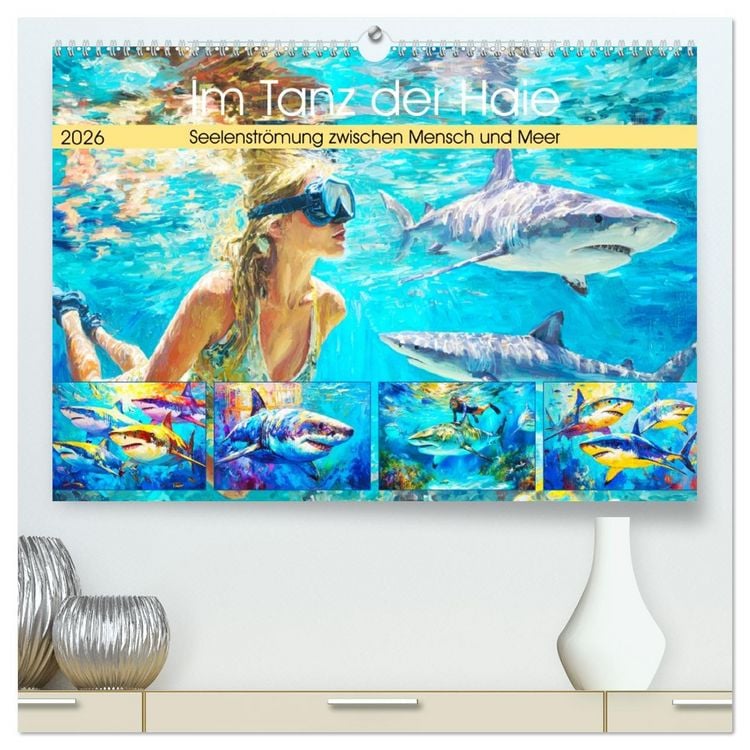 Produktbild: Im Tanz der Haie. Seelenstr&ouml;mung zwischen Mensch und Meer (hochwertiger Premium Wandkalender 2026 DIN A2 quer), Kunstdruck in Hochglanz