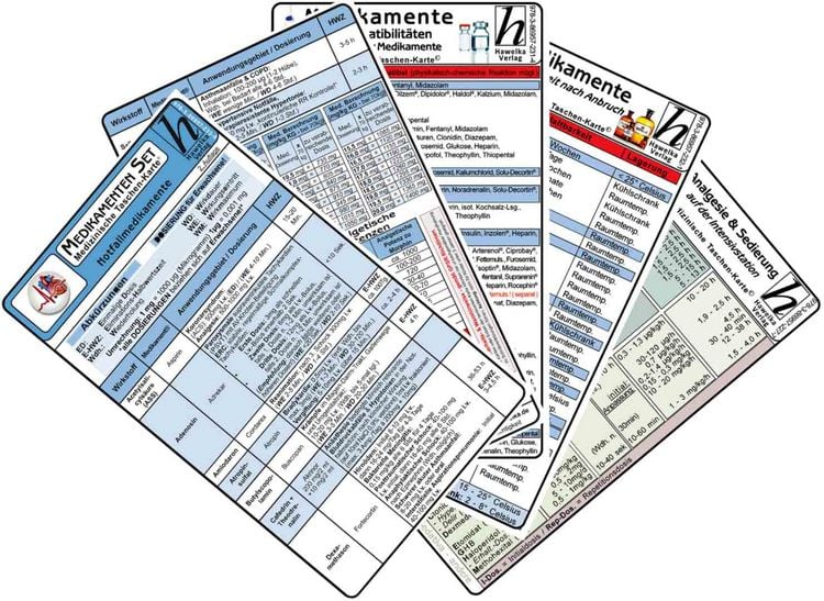 Produktbild: Medikamenten Karten-Set 2025 - Notfallmedikamente, Analgesie & Sedierung, Inkompatibilit&auml;ten intraven&ouml;ser Medikamente, Medikamente - Haltbarkeit nach Anbruch