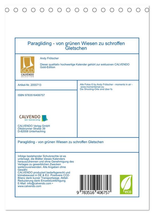Produktbild: Paragliding - von gr&uuml;nen Wiesen zu schroffen Gletschen (Tischkalender 2026 DIN A5 hoch), CALVENDO Monatskalender