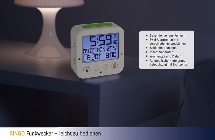 Produktbild: TFA Dostmann 60.2528.02 Funk Wecker Wei&szlig;, Gr&uuml;n Alarmzeiten 2
