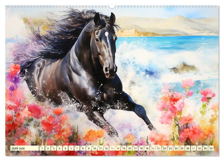Produktbild: Pferde. Romantische Aquarelle von schwarzen Sch&ouml;nheiten (hochwertiger Premium Wandkalender 2026 DIN A2 quer), Kunstdruck in Hochglanz