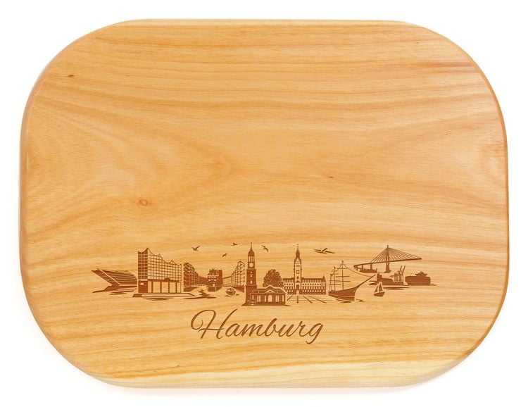 Produktbild: Abgerundetes Brotzeitbrett aus Kirschbaumholz, Motiv Hamburg