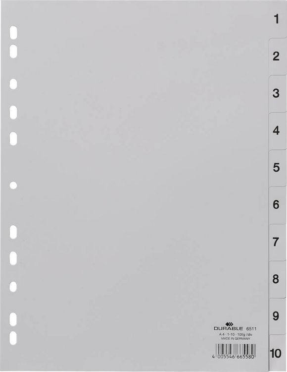 Produktbild: Durable 6511 Register DIN A4 1-10 Polypropylen Grau 10 Registerblätter geprägte Taben 651110