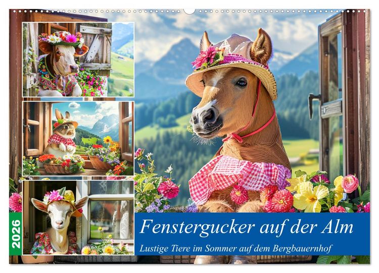 Produktbild: Fenstergucker auf der Alm. Lustige Tiere im Sommer auf dem Bergbauernhof (Wandkalender 2026 DIN A2 quer), CALVENDO Monatskalender